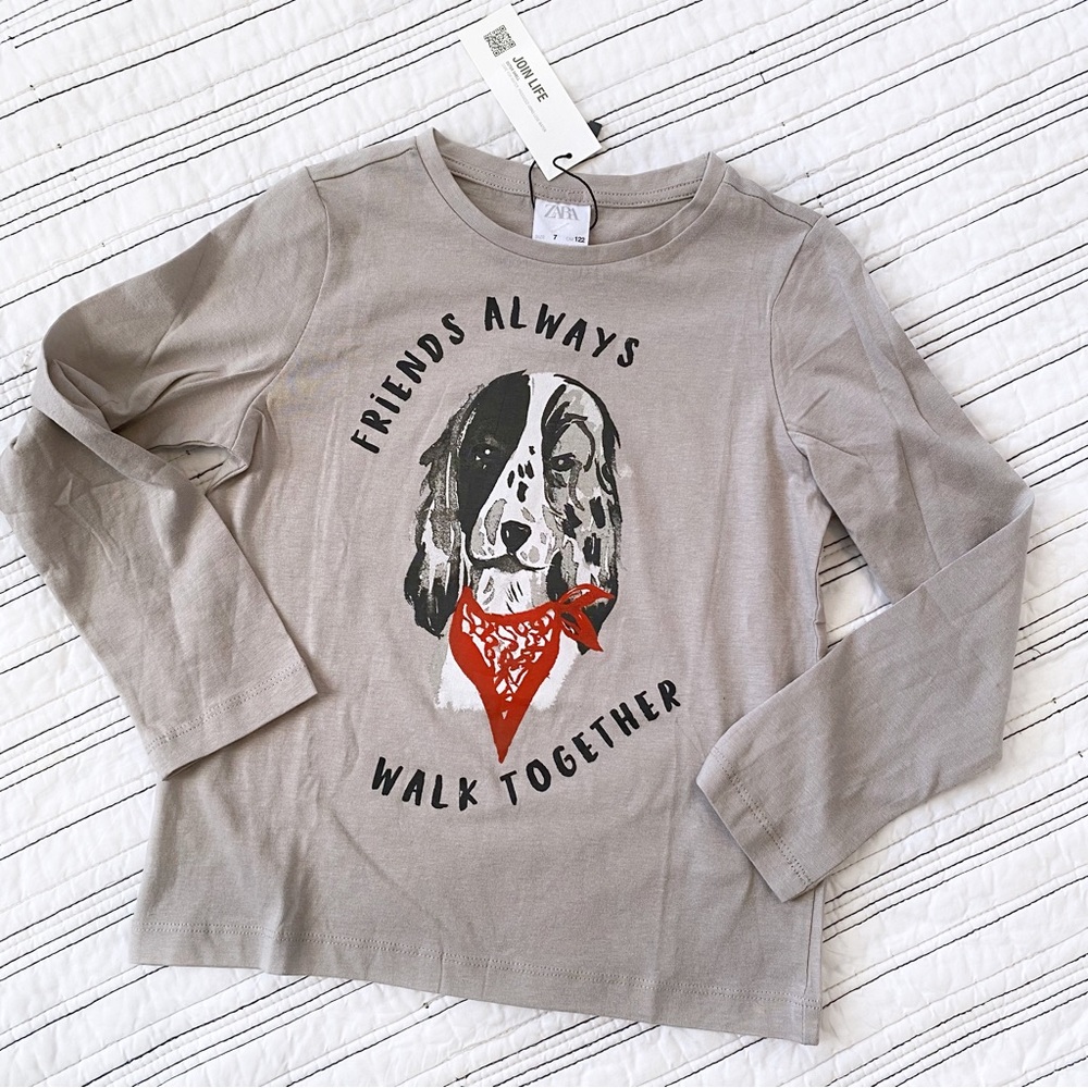 NWT Zara Friends Always Walk Together Dog Tee In Pigeon Grey sizes Girls 7 & 10